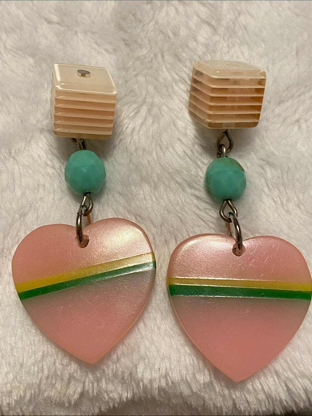 Vintage-Inspired Pink Heart Drop acrylic Earrings with Green Stripe